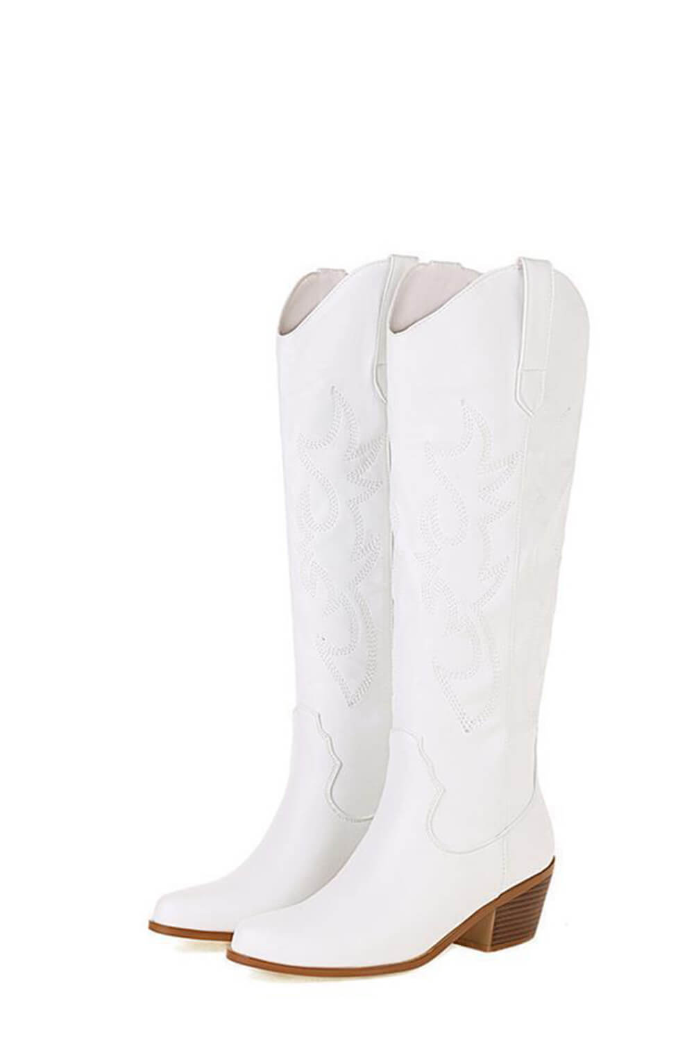 Leather Western Cowboy Almond Toe Knee High Block Heeled Boots - White