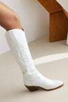 Leather Western Cowboy Almond Toe Knee High Block Heeled Boots - White