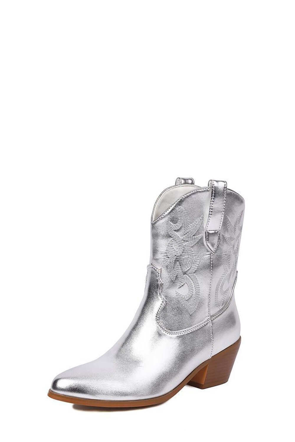 Metallic Western Cowboy Pointed Toe Block Heeled Ankle Boots - Silver