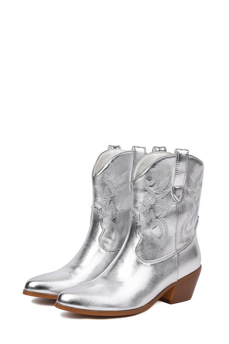 Metallic Western Cowboy Pointed Toe Block Heeled Ankle Boots - Silver