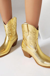 Metallic Western Cowboy Pointed Toe Block Heeled Ankle Boots - Gold