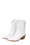 Metallic Western Cowboy Pointed Toe Block Heeled Ankle Boots - White