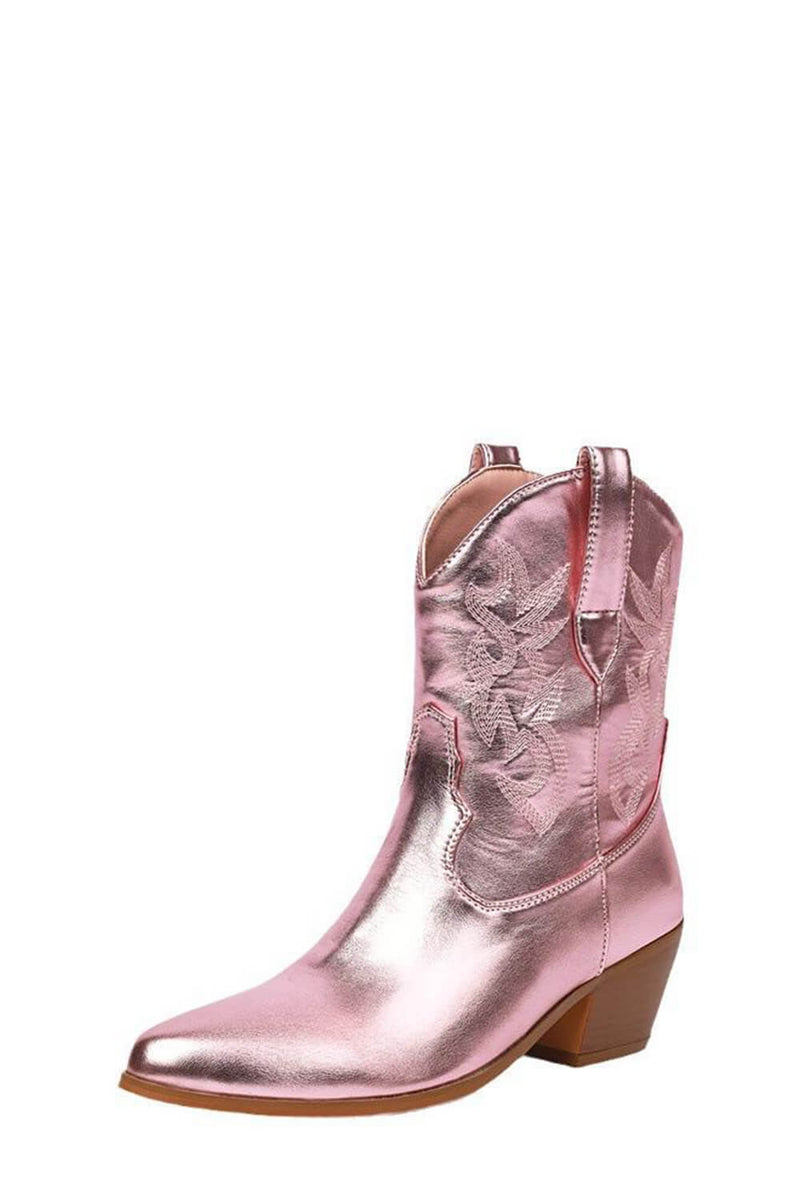 Metallic Western Cowboy Pointed Toe Block Heeled Ankle Boots - Pink