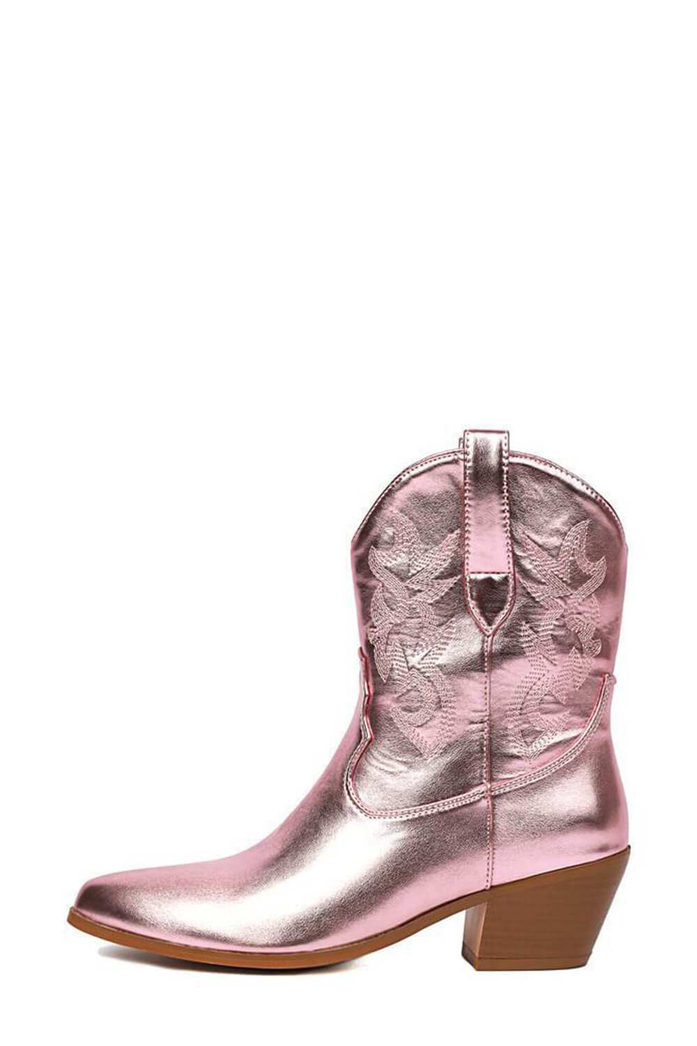 Metallic Western Cowboy Pointed Toe Block Heeled Ankle Boots - Pink