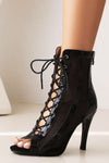Mesh Cut Out Lace Up Peep Toe High Heeled Ankle Boots - Black