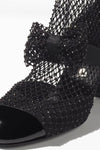 Suede Patent Diamante Fishnet Bow-Embellished Mary Jane Knee High Boots - Black