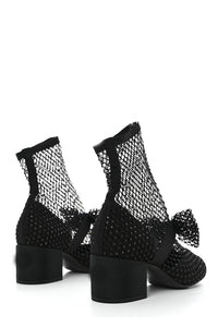 Suede Patent Diamante Fishnet Bow-Embellished Mary Jane Ankle Boots - Black