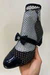 Suede Patent Diamante Fishnet Bow-Embellished Mary Jane Ankle Boots - Black & Silver