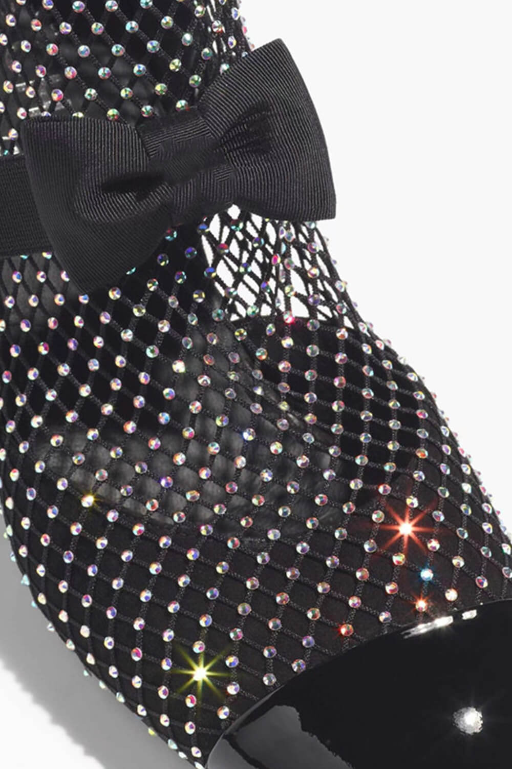 Suede Patent Diamante Fishnet Bow-Embellished Mary Jane Knee High Boots - Black & Silver