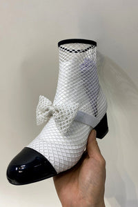 Suede Patent Fishnet Bow-Embellished Mary Jane Ankle Boots - Black & White