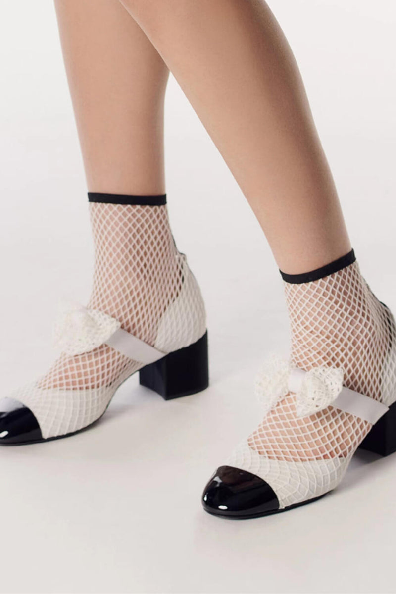 Suede Patent Fishnet Bow-Embellished Mary Jane Ankle Boots - Black & White