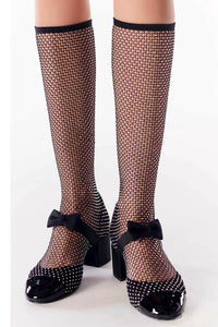 Suede Patent Diamante Fishnet Bow-Embellished Mary Jane Knee High Boots - Black & Silver