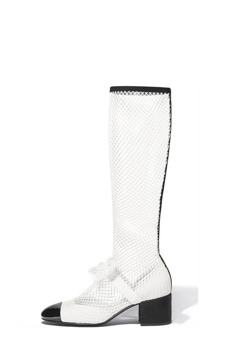 Suede Patent Fishnet Bow-Embellished Mary Jane Knee High Boots - Black & White