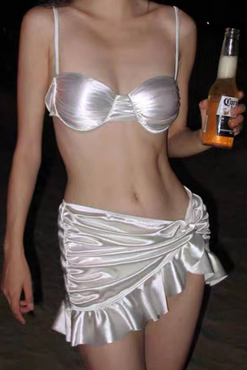Metallic-Sheen Ruched Underwired Balconette Bikini Set With Knotted Ruffled Mini Skirt