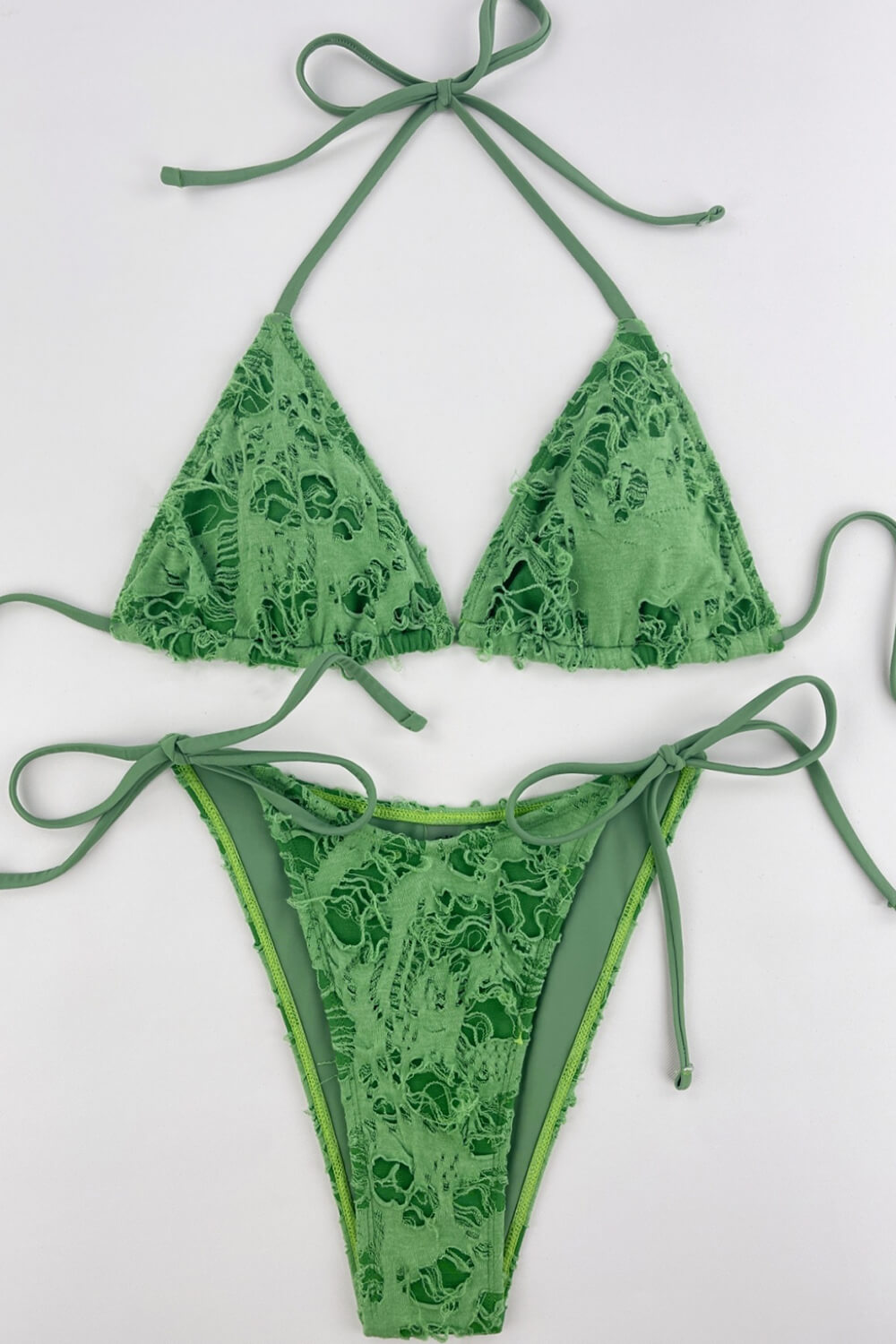 Green Ripped Triangle Halter Tie Side Bikini Set