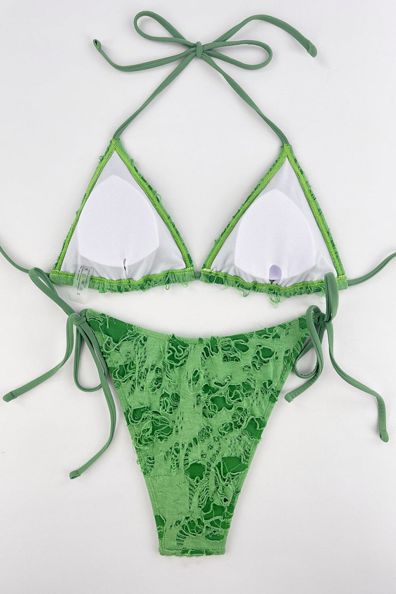 Green Ripped Triangle Halter Tie Side Bikini Set