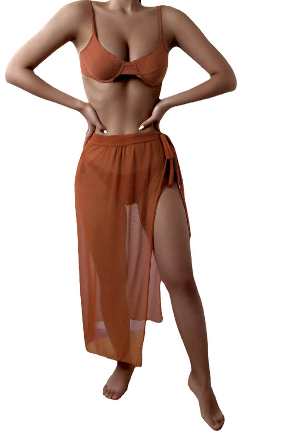 Rib Balconette Underwire Tie Side Bikini Set With Side Split Sarong Midi Skirt