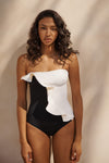 Colorblock Asymmetrical Ruffle Strapless One Piece Swimsuit