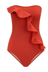 Red Asymmetrical Ruffle Strapless One Piece Swimsuit