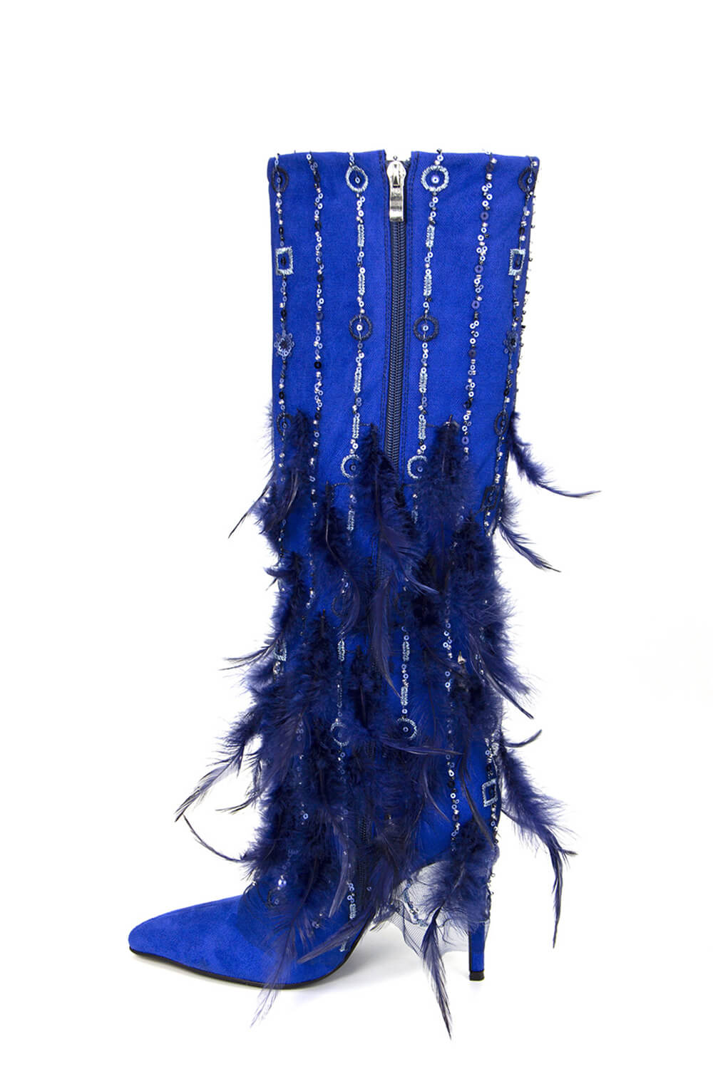 Sequins Embellished Feather Fringe Pointed Toe Knee High Stiletto Boots - Blue