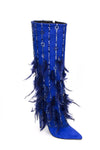 Sequins Embellished Feather Fringe Pointed Toe Knee High Stiletto Boots - Blue