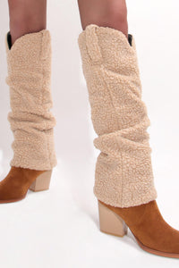 Faux Fur Pointed Toe Western Foldover Knee-High Boots