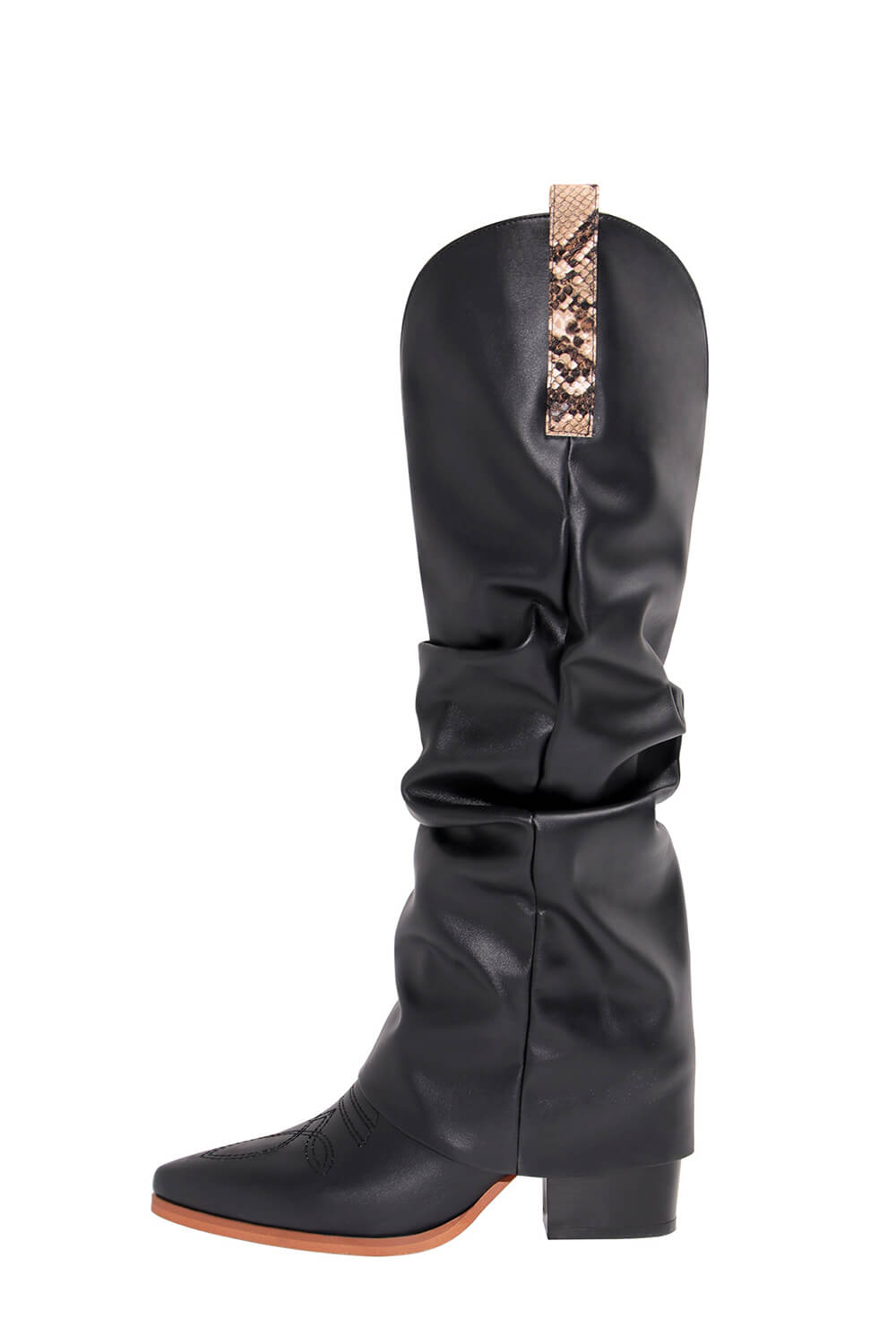 Faux Leather Pointed Toe Western Foldover Knee-High Boots - Black
