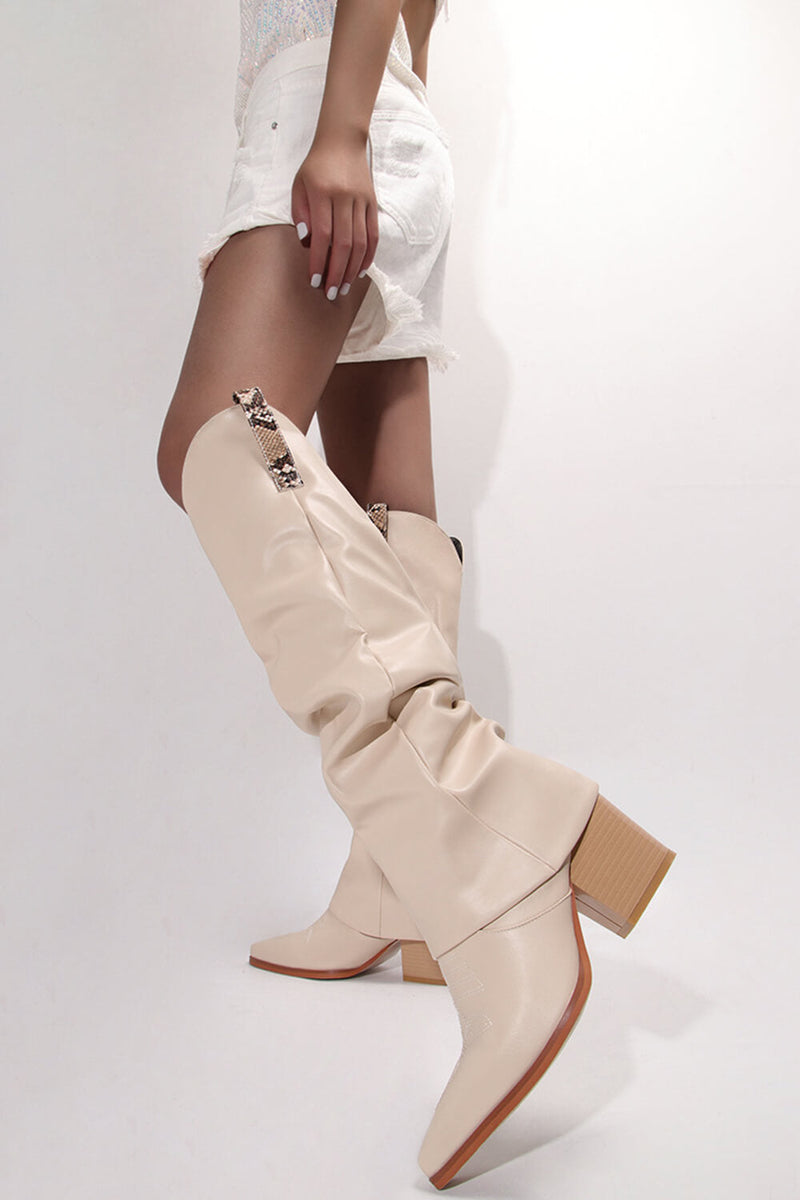 Faux Leather Pointed Toe Western Foldover Knee-High Boots - Beige