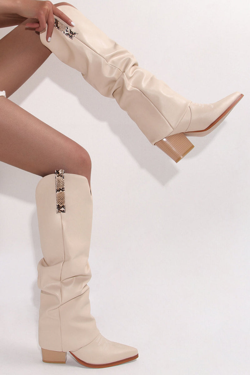 Faux Leather Pointed Toe Western Foldover Knee-High Boots - Beige
