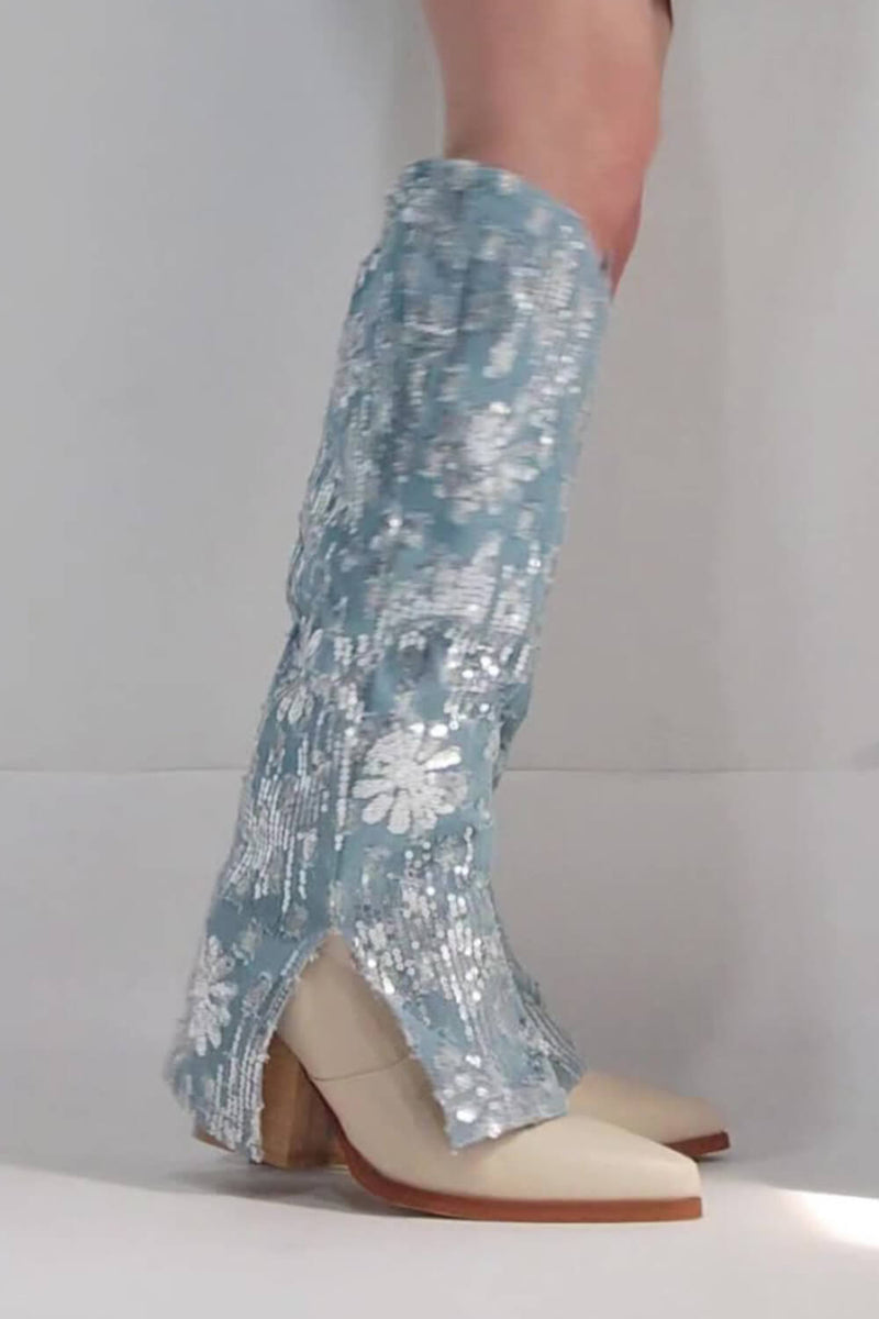 Denim Fold Over Pointed Toe Block Heel Knee High Boots With Sequins - Light Blue