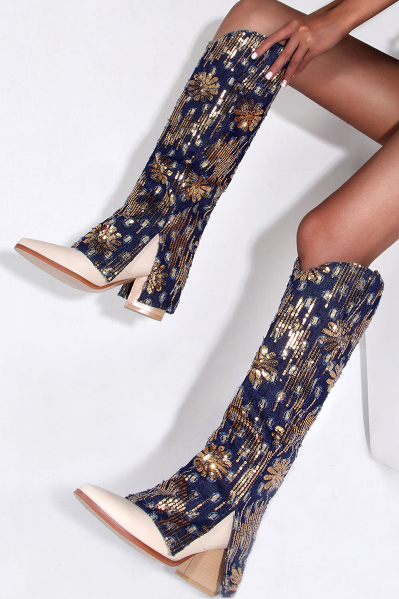 Denim Fold Over Pointed Toe Block Heel Knee High Boots With Sequins - Dark Blue
