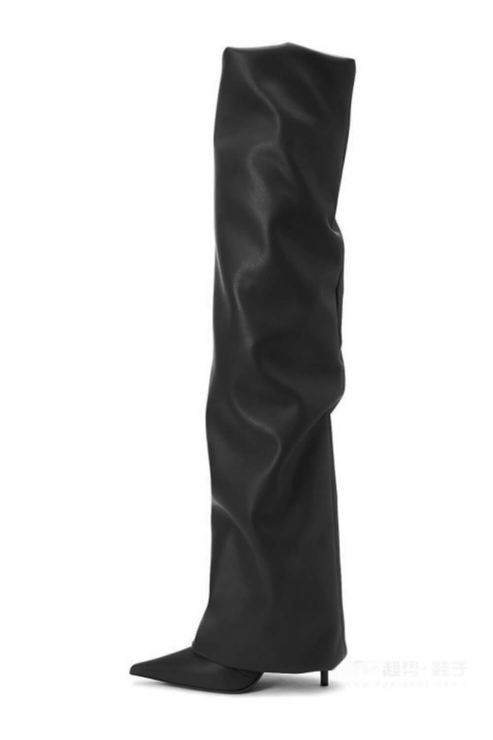 Faux Leather Pointed Toe Folded Over The Knee Boots - Black