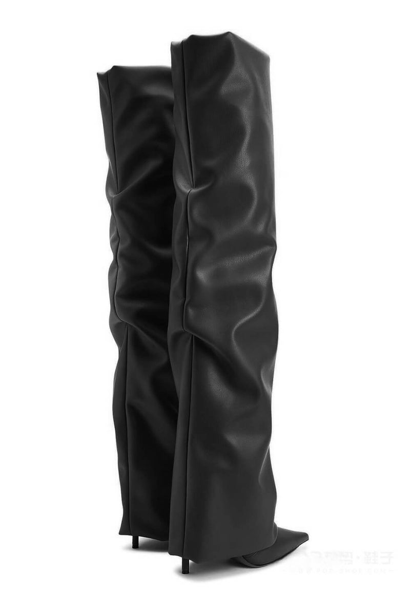 Faux Leather Pointed Toe Folded Over The Knee Boots - Black