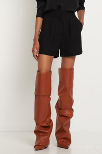 Faux Leather Pointed Toe Folded Over The Knee Boots - Tan