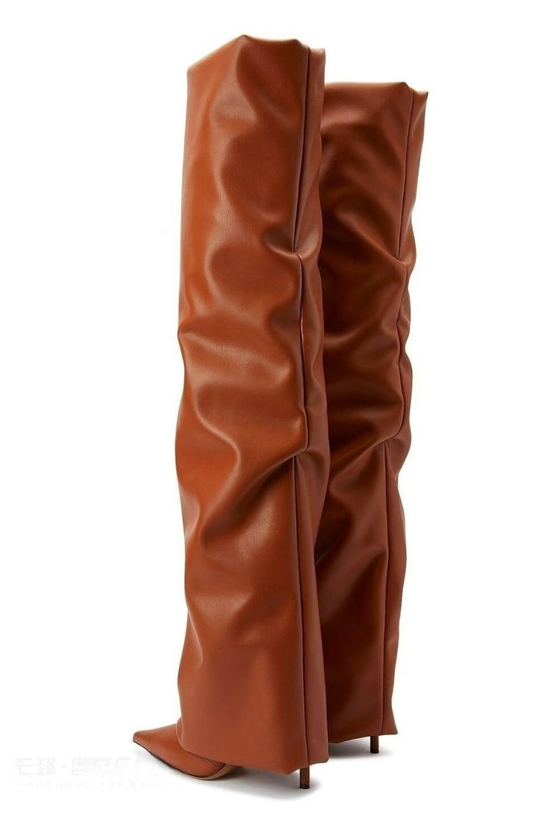 Faux Leather Pointed Toe Folded Over The Knee Boots - Tan