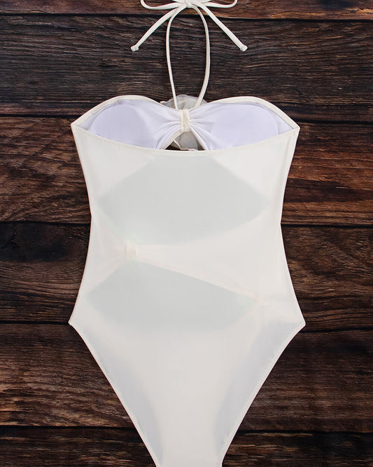 Rose Applique Halter Neck Cut-Out One Piece Swimsuit