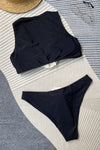 Rosette Plunge Tank High Waisted Bikini Set - Black/White