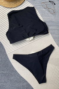 Rosette Plunge Tank High Waisted Bikini Set - Black/White