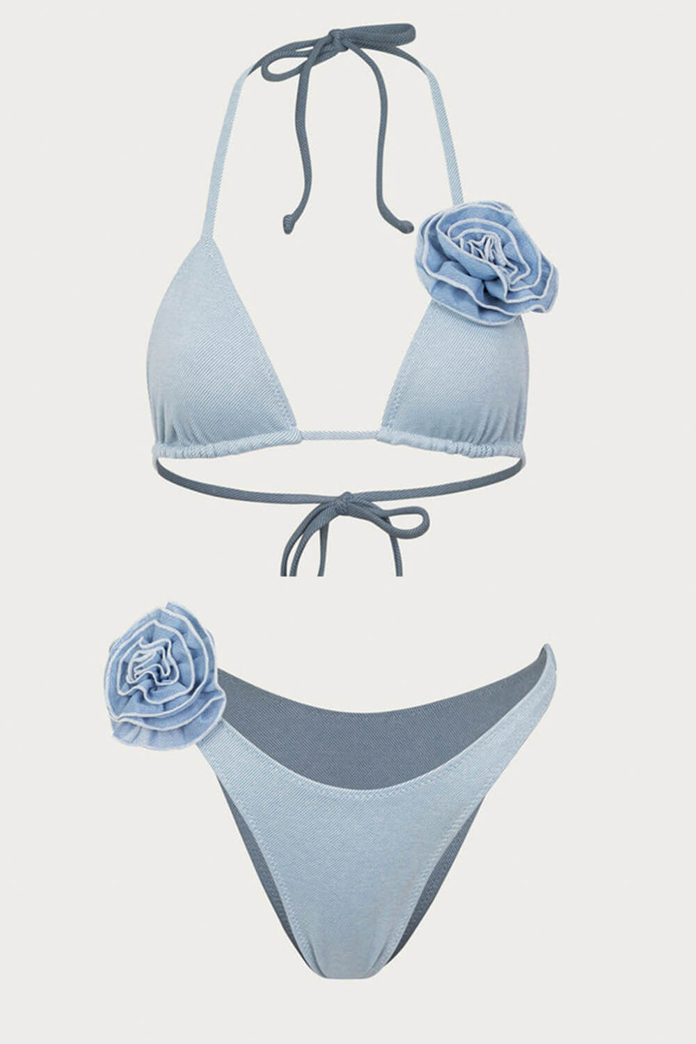 Rosette Triangle Halter High-Cut Bikini Set - Blue