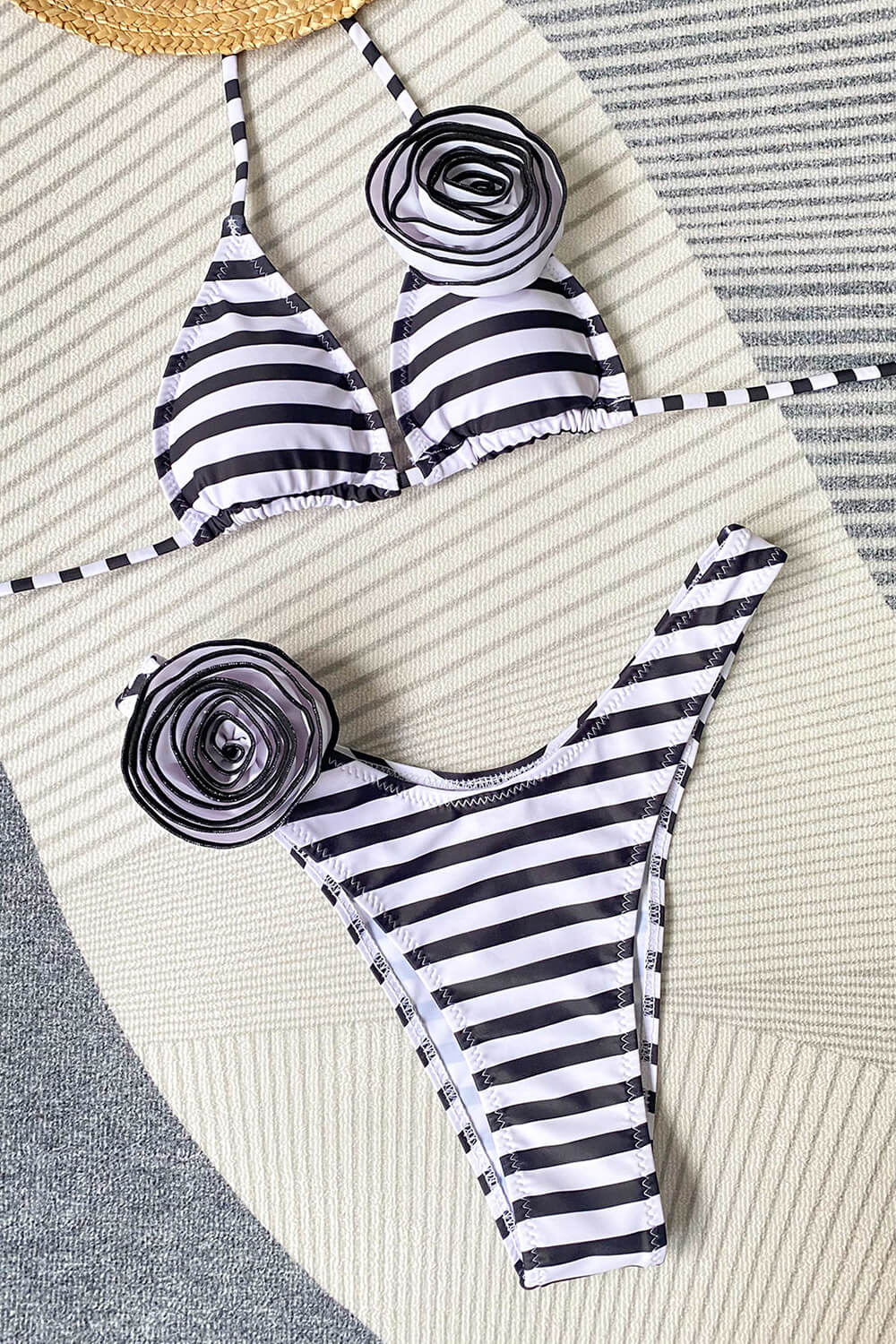 Rosette Triangle Halter High-Cut Bikini Set - Cream Black Stripe
