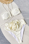 3D Flower Applique Crisscross Bandeau Wrap Tie High Waisted Bikini Set