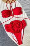 3D Flower Applique Crisscross Bandeau Wrap Tie High Waisted Bikini Set