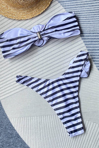Rosette Bandeau High Waisted Bikini Set - Cream Black Stripe