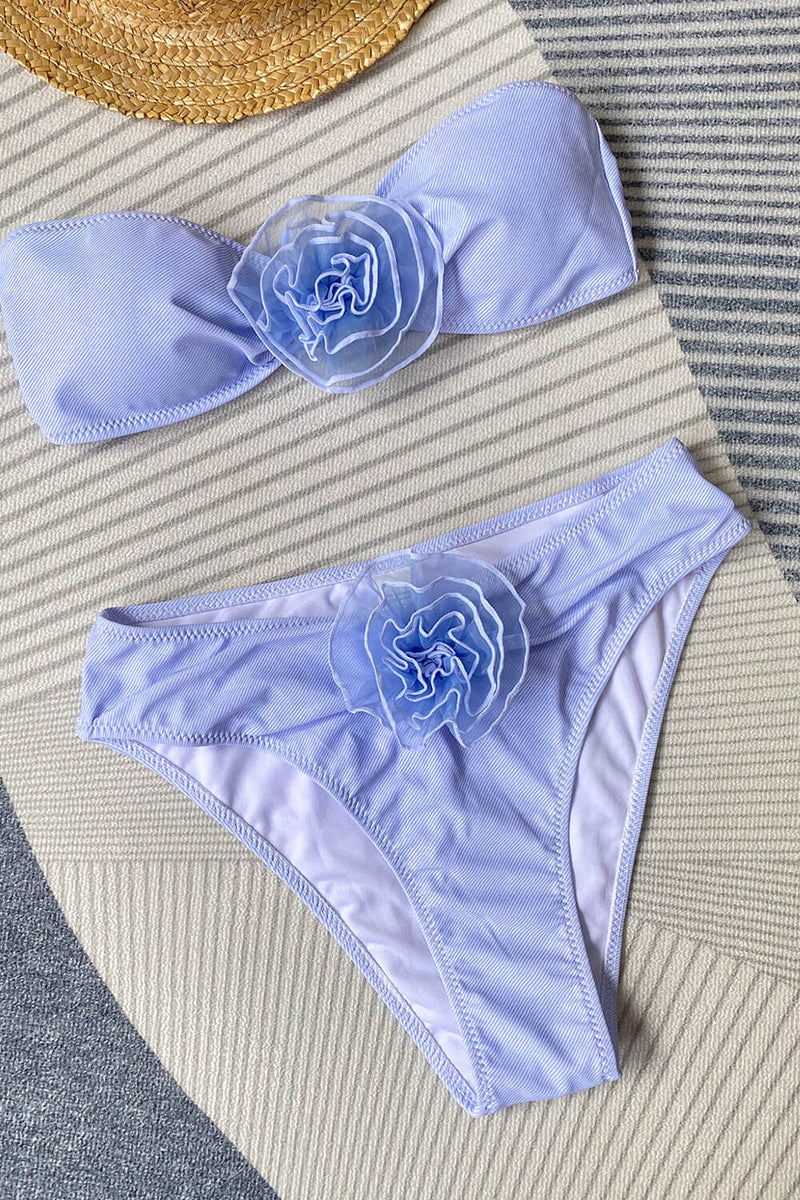 Rosette Bandeau High Waisted Bikini Set - Light Blue