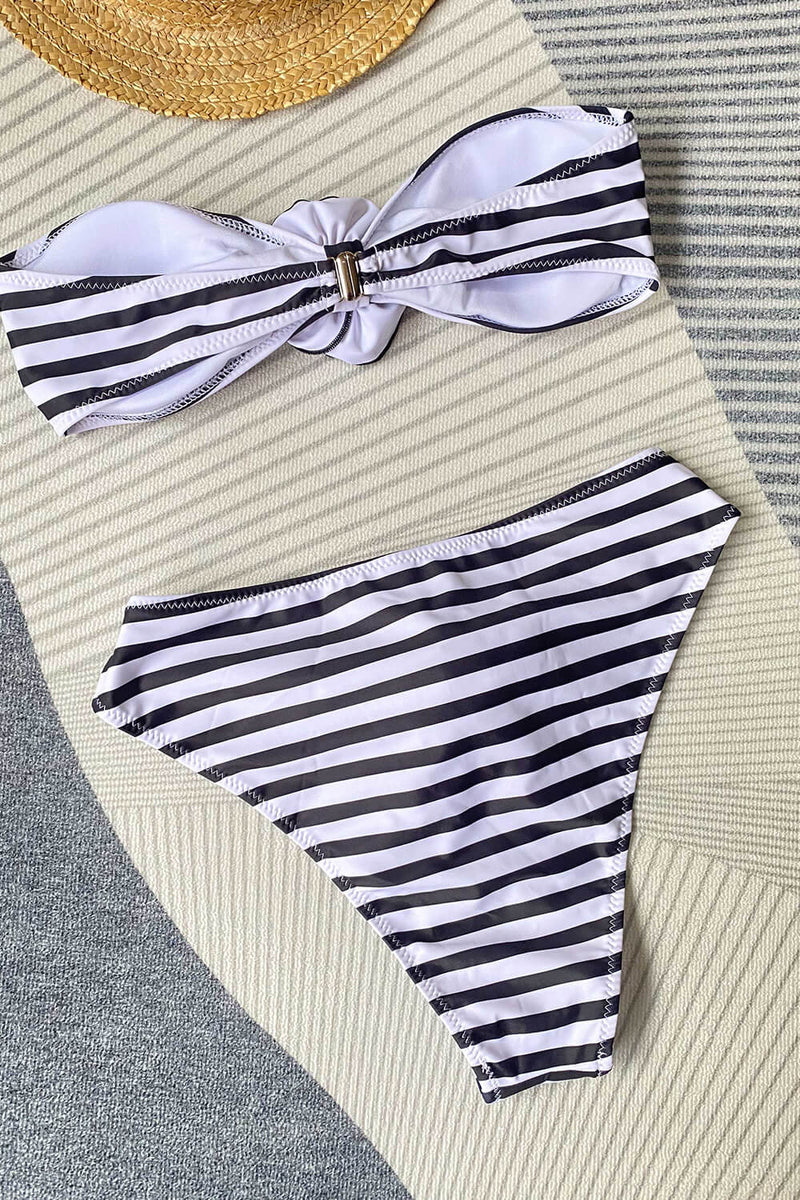 Rosette Bandeau High Waisted Bikini Set - Cream Black Stripe
