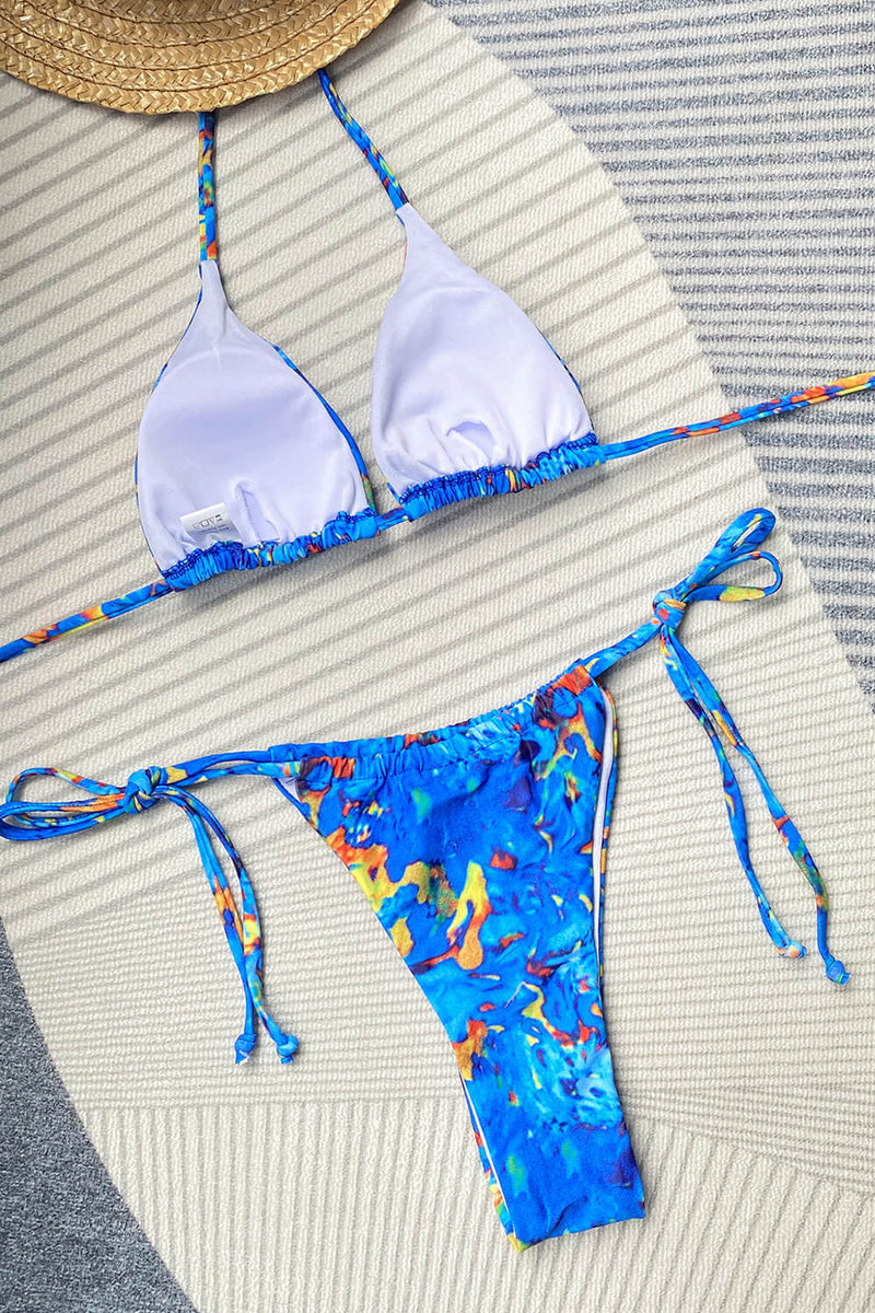 Azure Feather Print Halterneck Triangle Tie Side String Bikini Set