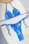 Azure Feather Print Halterneck Triangle Tie Side String Bikini Set