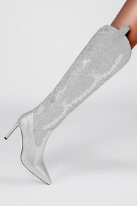 Over-The-Knee Rhinestone Embellished Western Thigh High Stiletto Boots