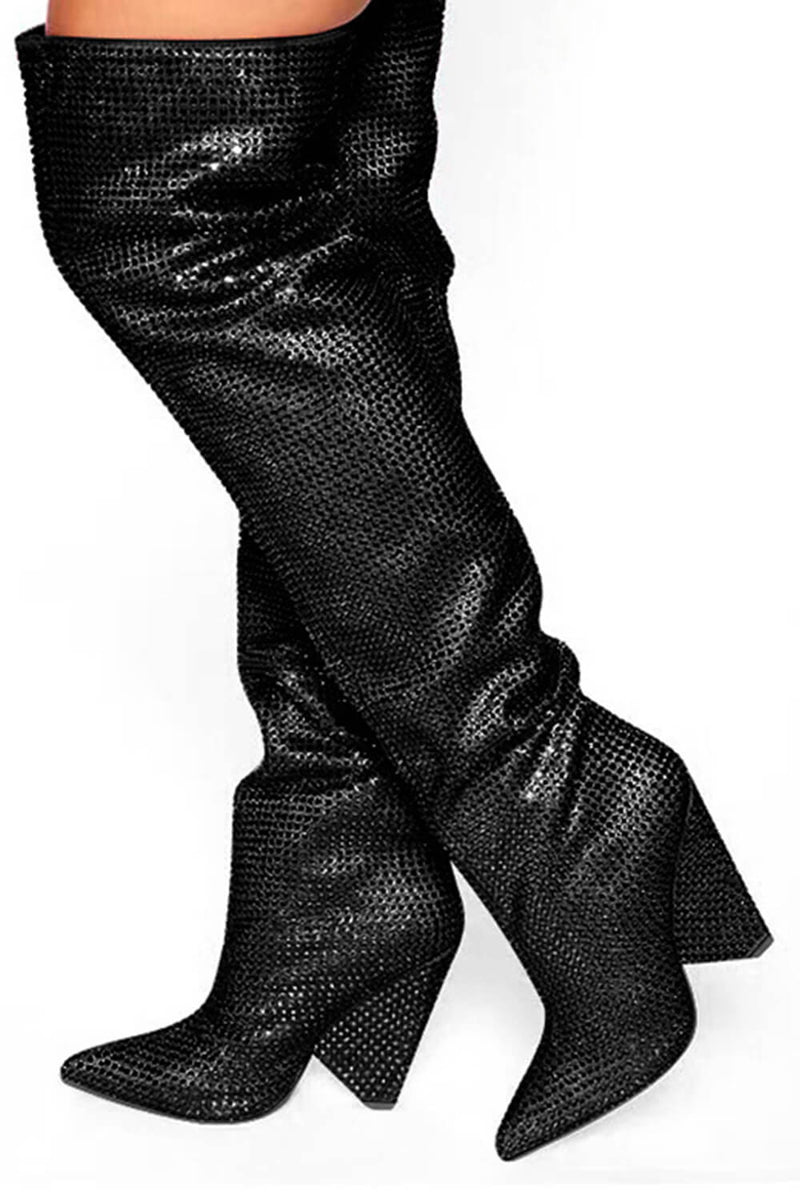 Diamante Crystal-Embellished Point Toe Over The Knee Block Heeled Boots - Black