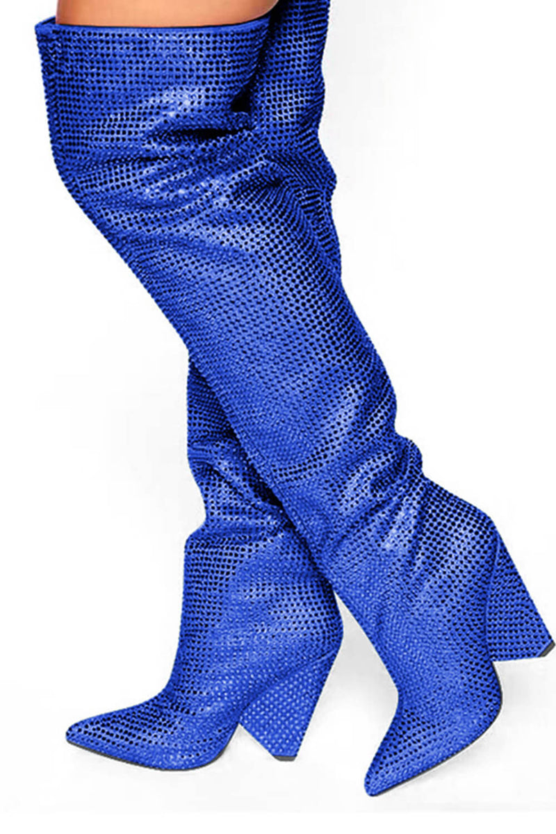 Diamante Crystal-Embellished Point Toe Over The Knee Block Heeled Boots - Blue